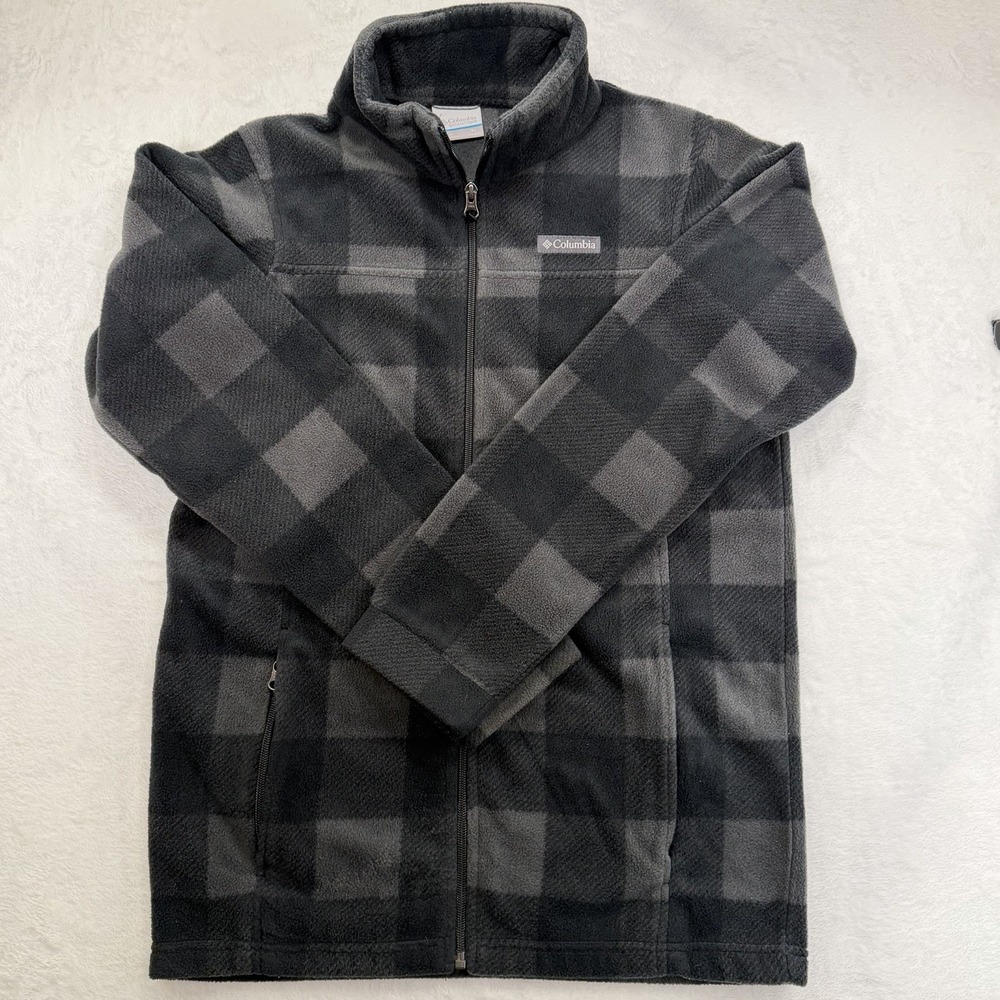 Columbia Womens Plaid Fleece Zip Up Jacket Black Gray Outdoor Sweater XL